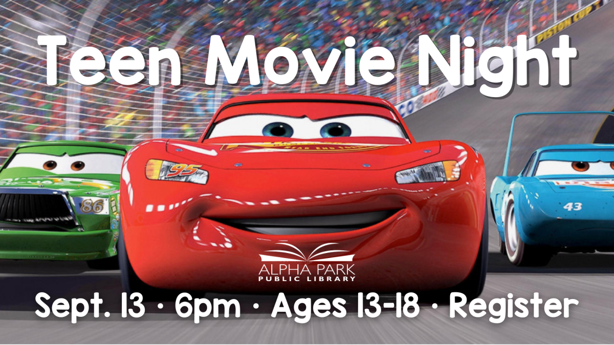 image from Cars movie of green, red, and blue cars with faces on racetrack, white text