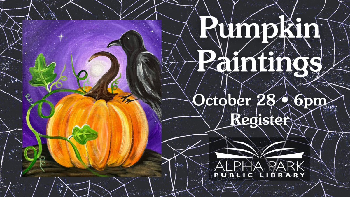 acrylic painting of orange pumpkin, black crow and purple background on black background with spiderwebs