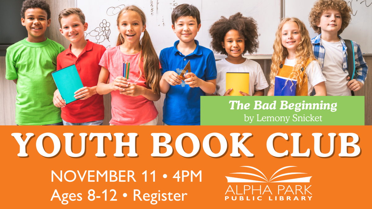 photo of 7 kids holding books, orange rectangle with white text