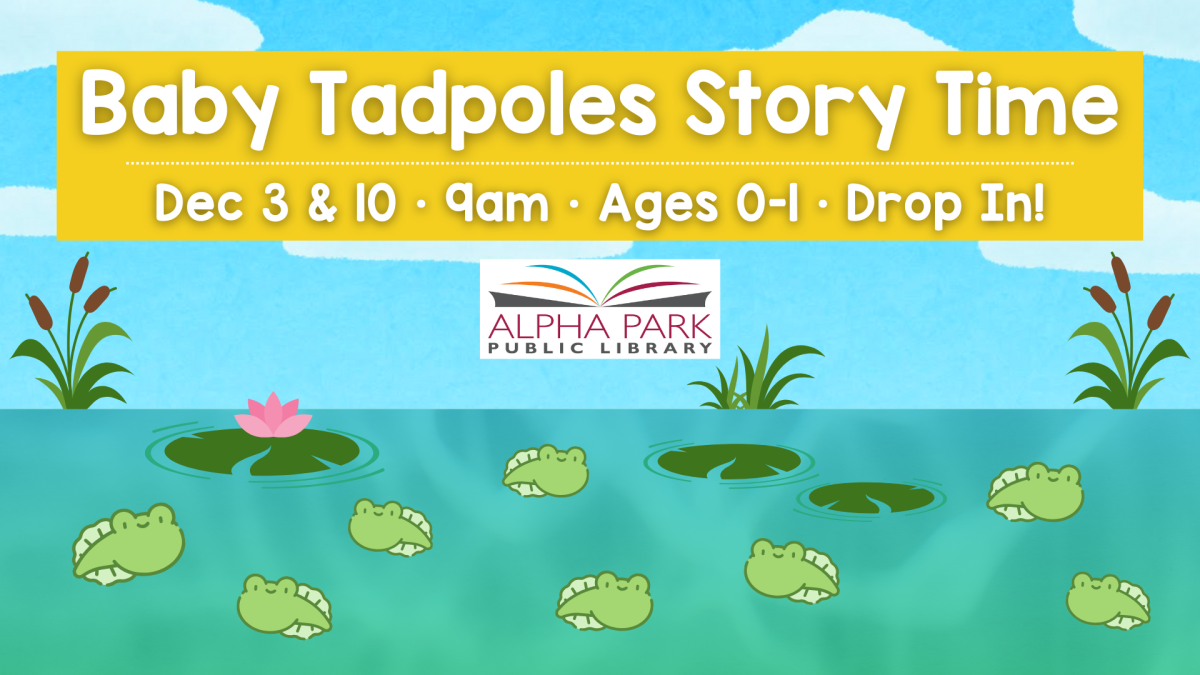 graphic of little green tadpoles in water with lily pads, blue sky with clouds, and yellow rectangle with white text