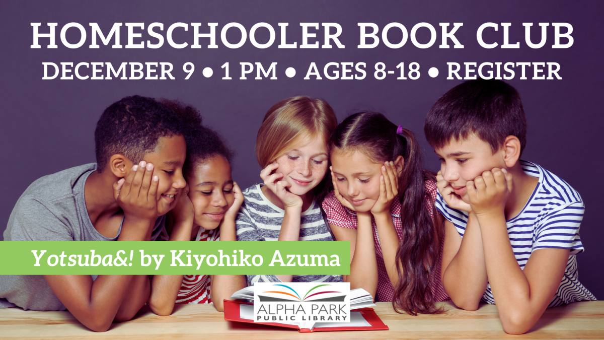 photo of 5 kids leaning elbows on table to read one book with red cover, dark purple background, white text