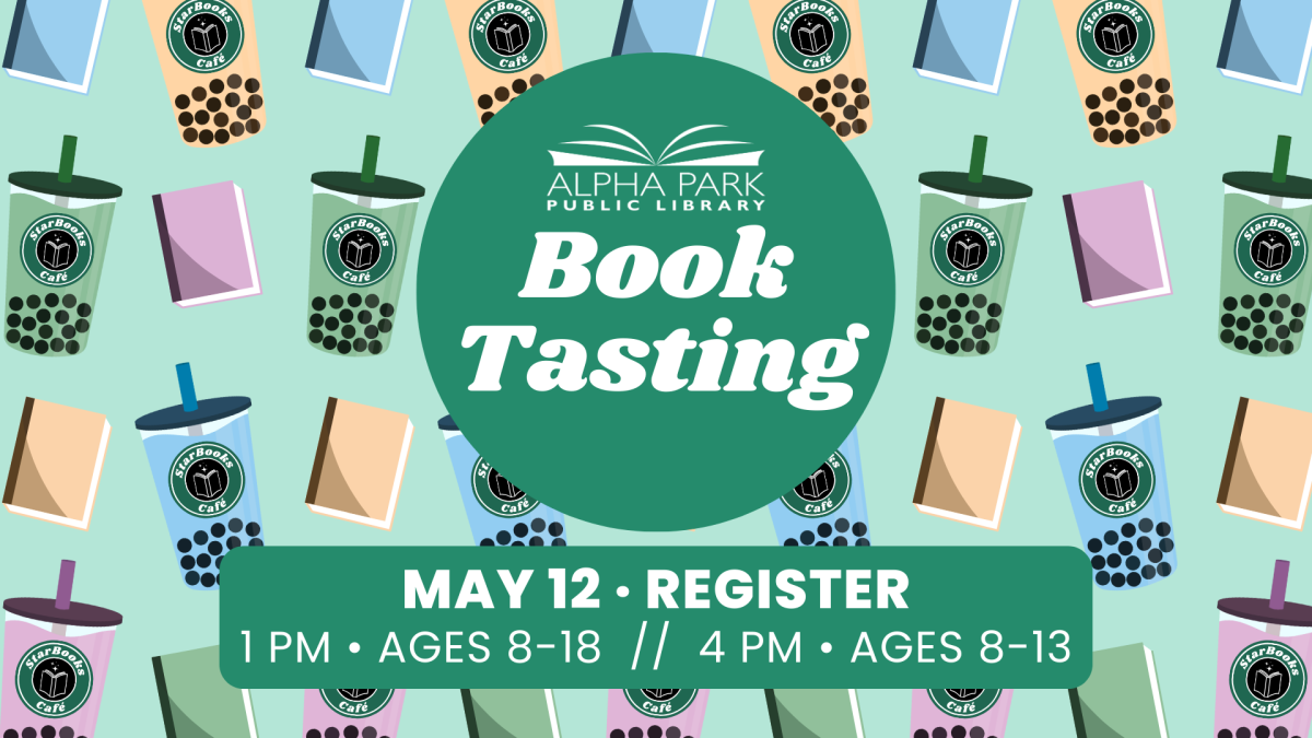 graphic with pastel books and boba teas with sea green circle and white text