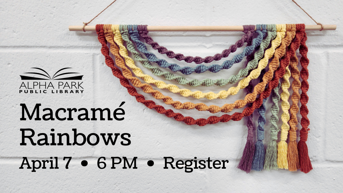 photo of macrame rainbow wall hanging with 6 muted colors, black text