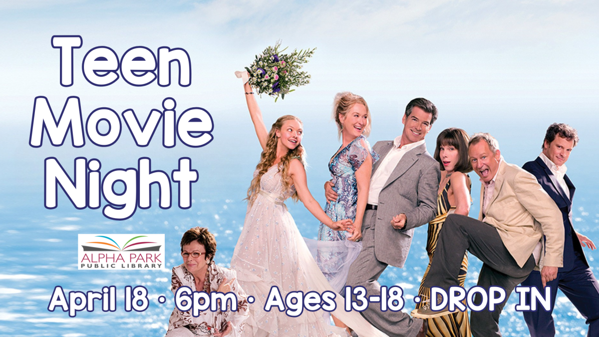 photo of wedding party standing in front of ocean from Mama Mia!, white text