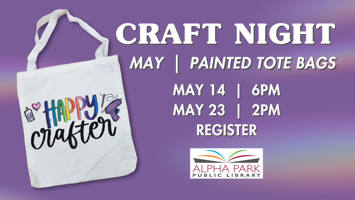 photo of canvas tote bag with painted "happy crafter" design, purple background, white text