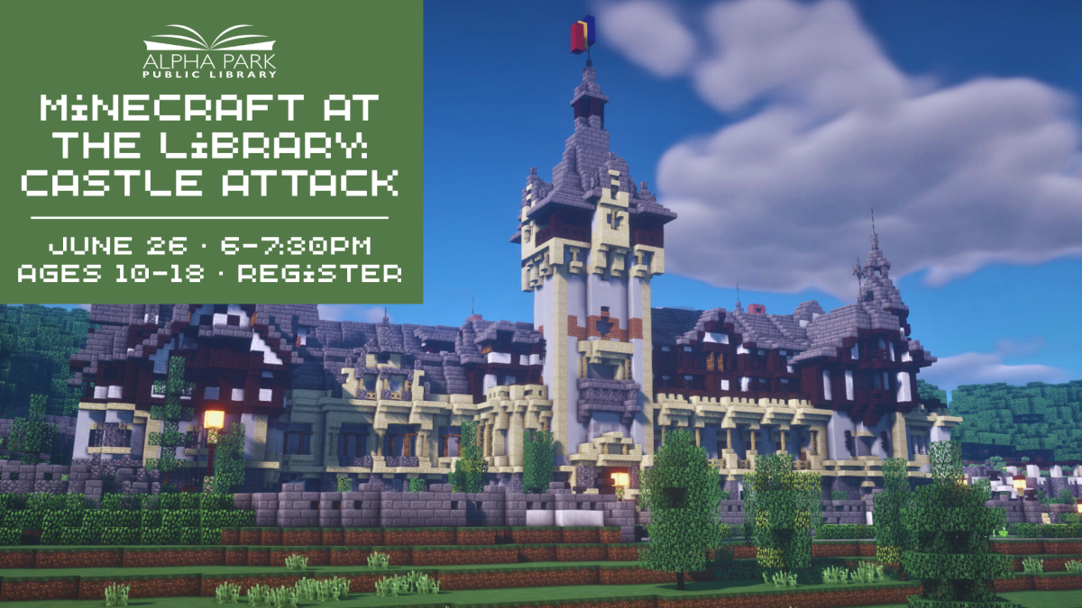 graphic of large gray Minecraft castle with blue roof on green hill, green square with white text