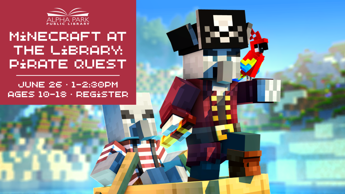 graphic of Minecraft pirates on small wooden boat on water, maroon square with white text