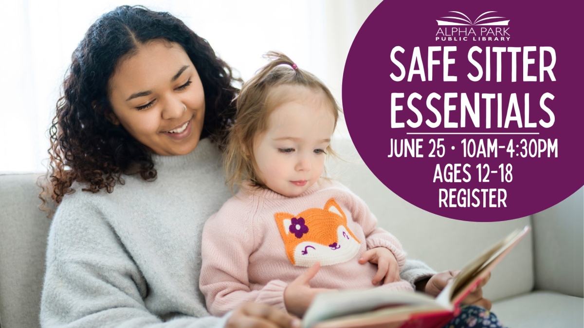 photo of teen girl holding toddler and reading a book on grey couch, purple bubble with white text