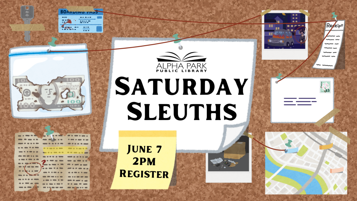 graphic of bulletin board with clues and maps, black text