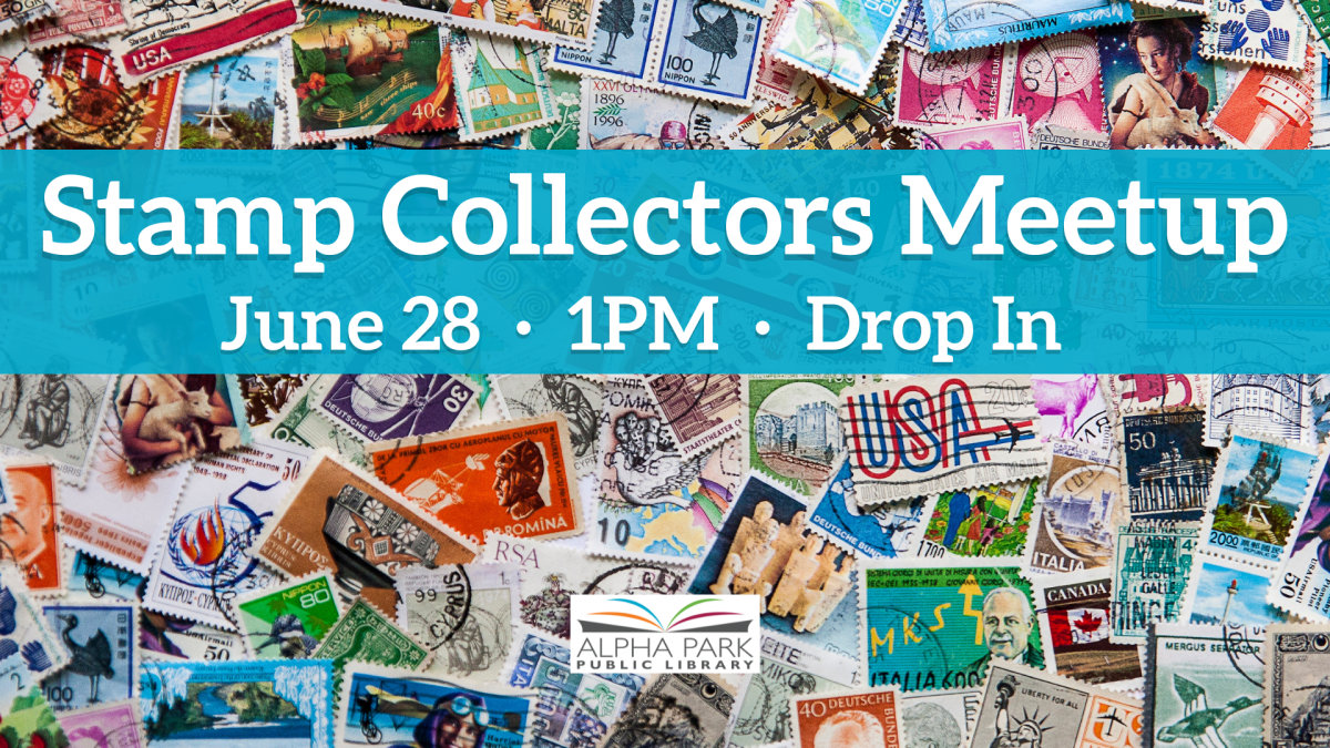 photo of tons of colorful stamps, blue rectangle with white text