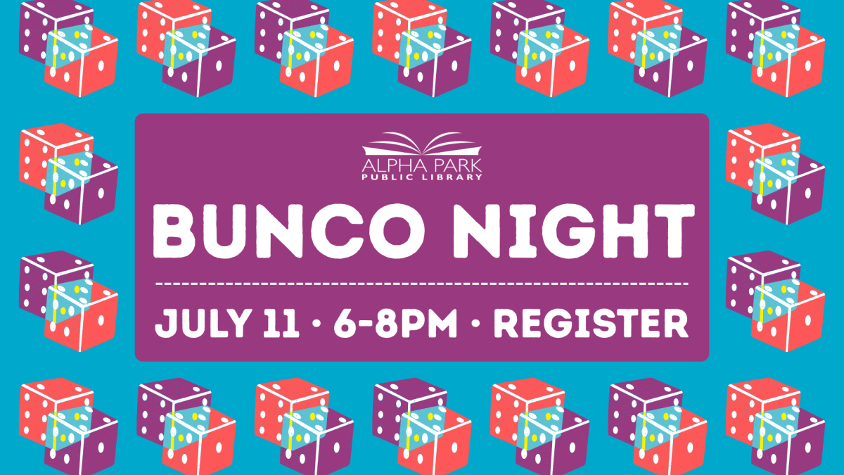 red, purple, and light blue dice repeating graphic on blue background, purple box with white text