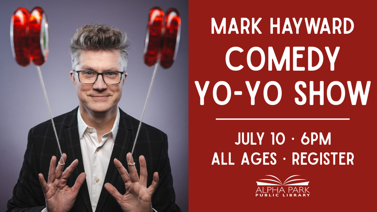 photo of white man in suit with glasses flinging red yo-yos at the camera, red box with white text