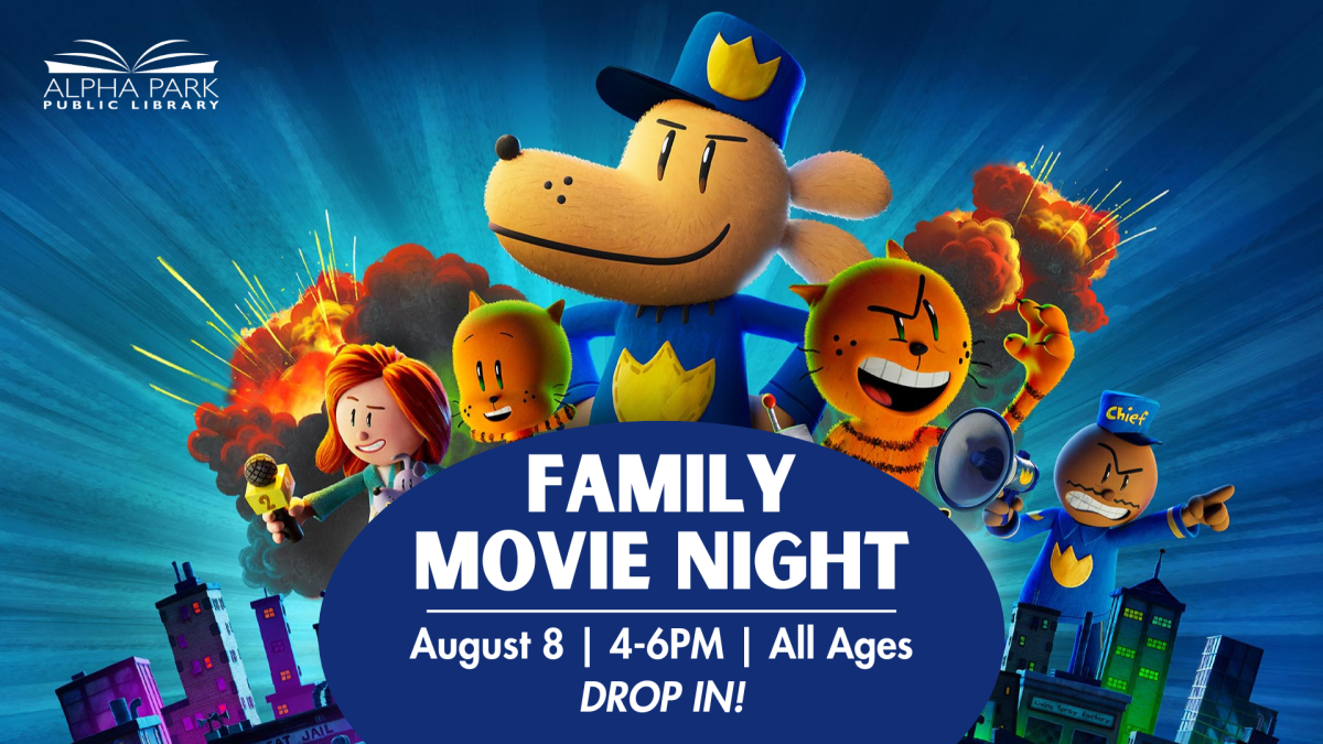 image of characters from Dog Man, blue oval with white text