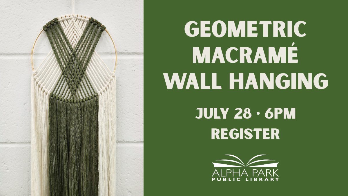 photo of green and white macrame design on gold hoop, green box with white text