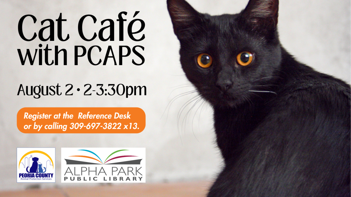 photo of black cat with orange eyes, black text with logos