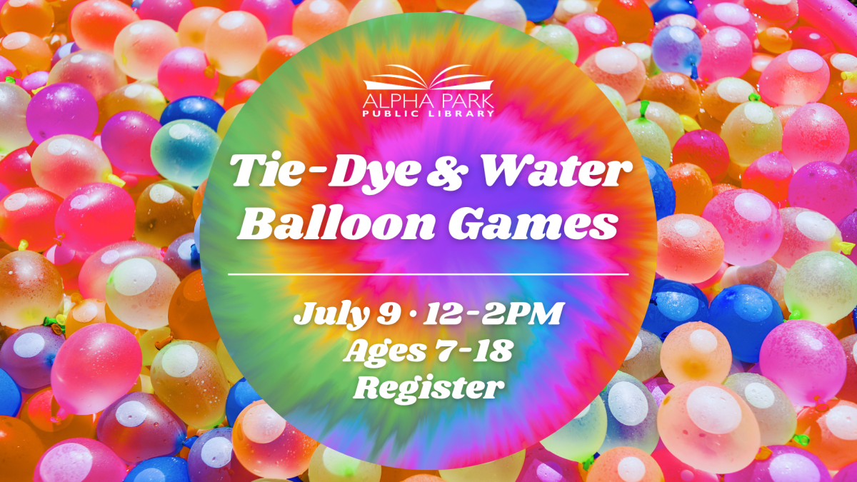 photo of brightly colored water balloons and tie-dye circle, white text