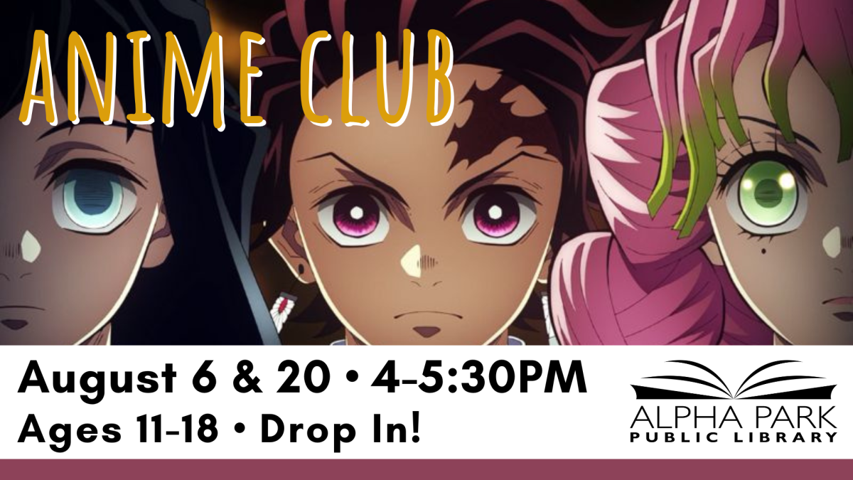 close up of Anime characters, white box with black text