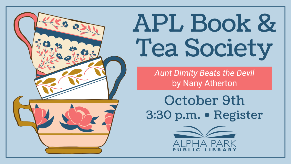 illustration of 3 pink, blue, and gold stacked teacups on light blue background with navy text