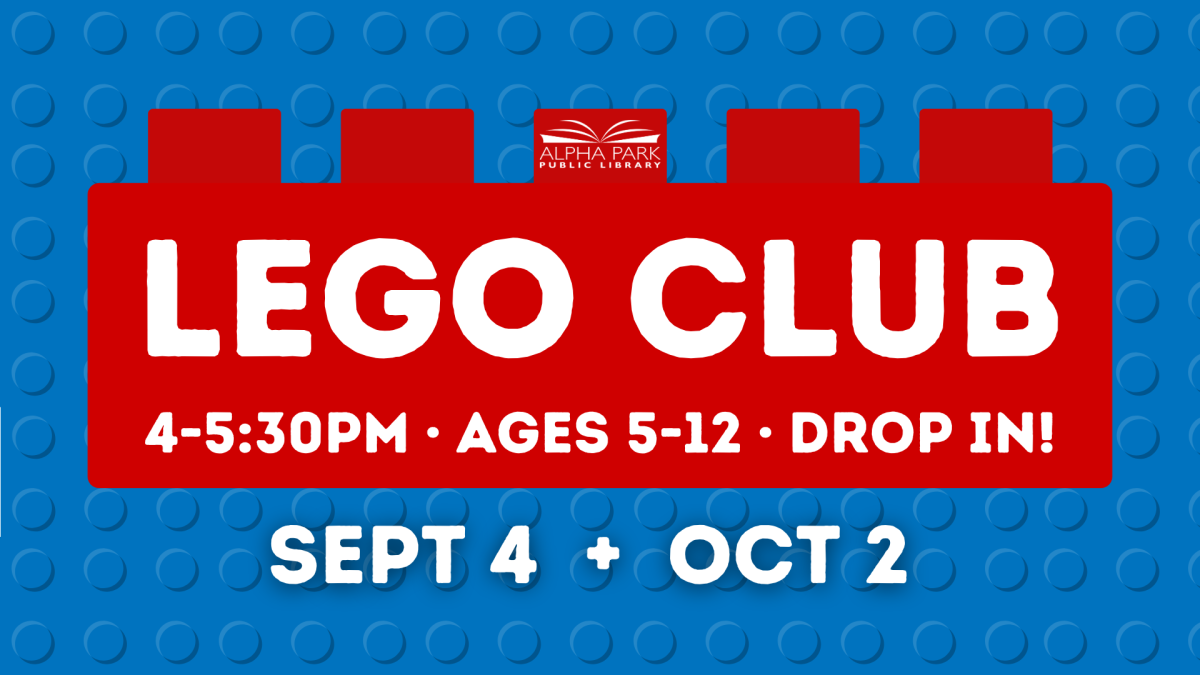 graphic of large red lego brick on blue lego background, white text