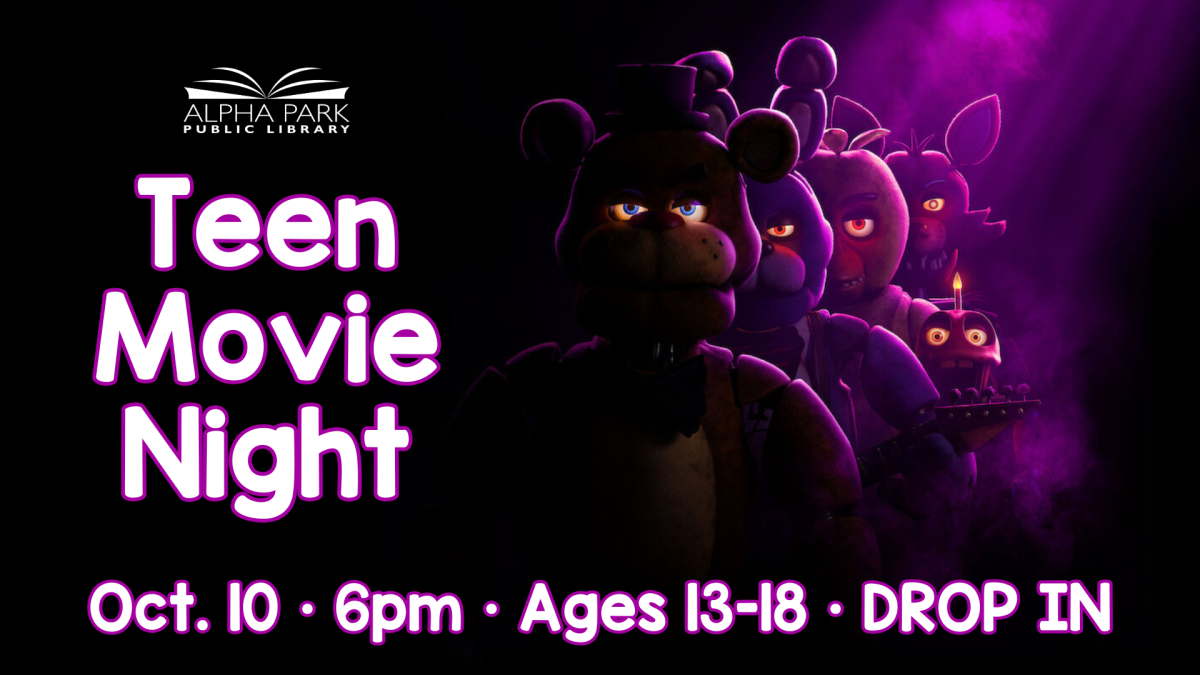 image of characters from 5 Nights at Feddy's standing in shadow and purple light, white text