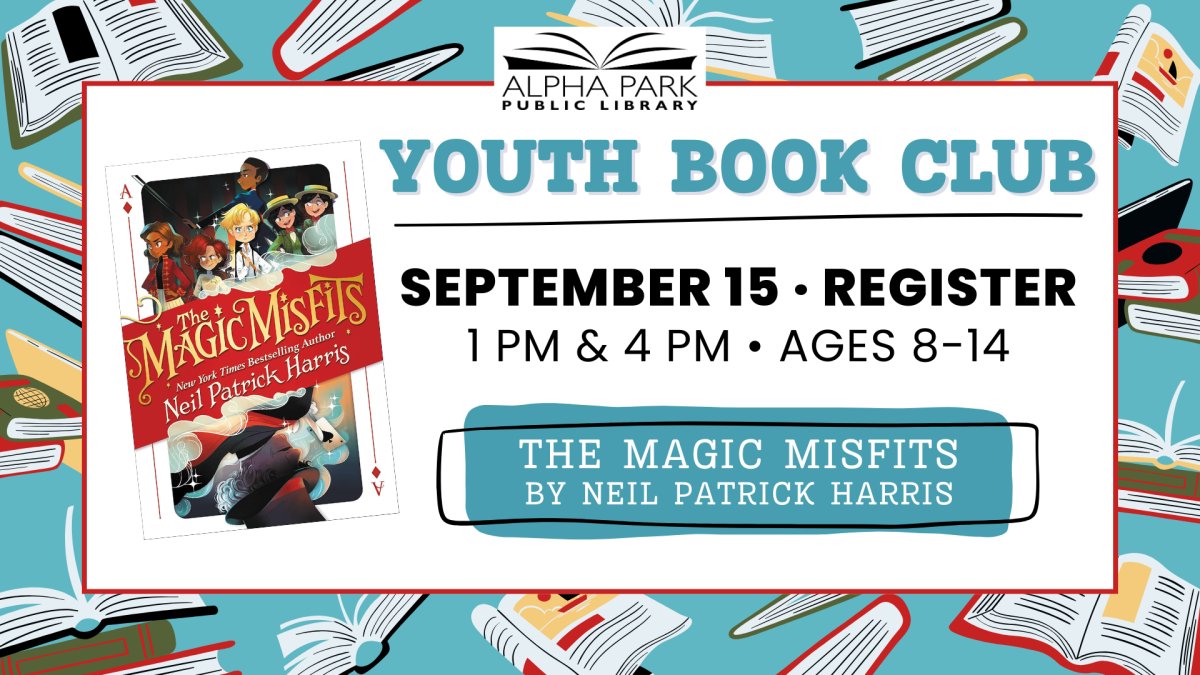 illustrated background of books, white rectangle with gray text and book cover