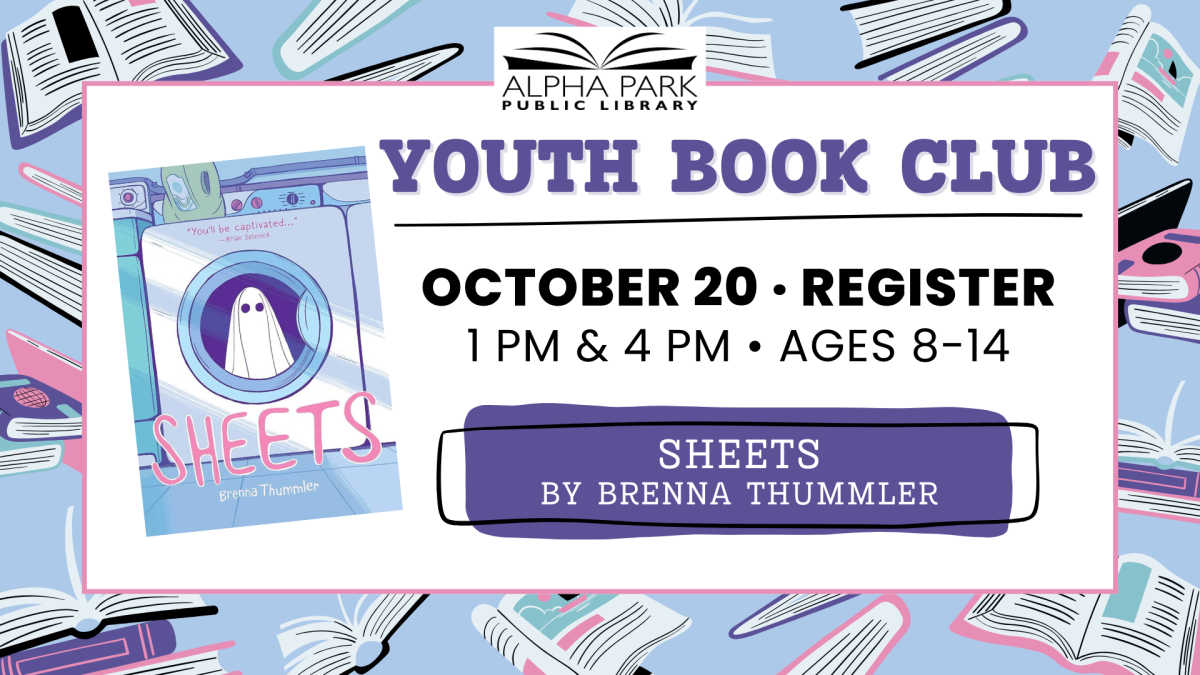 illustrated background of colorful books, white rectangle with black text and book cover