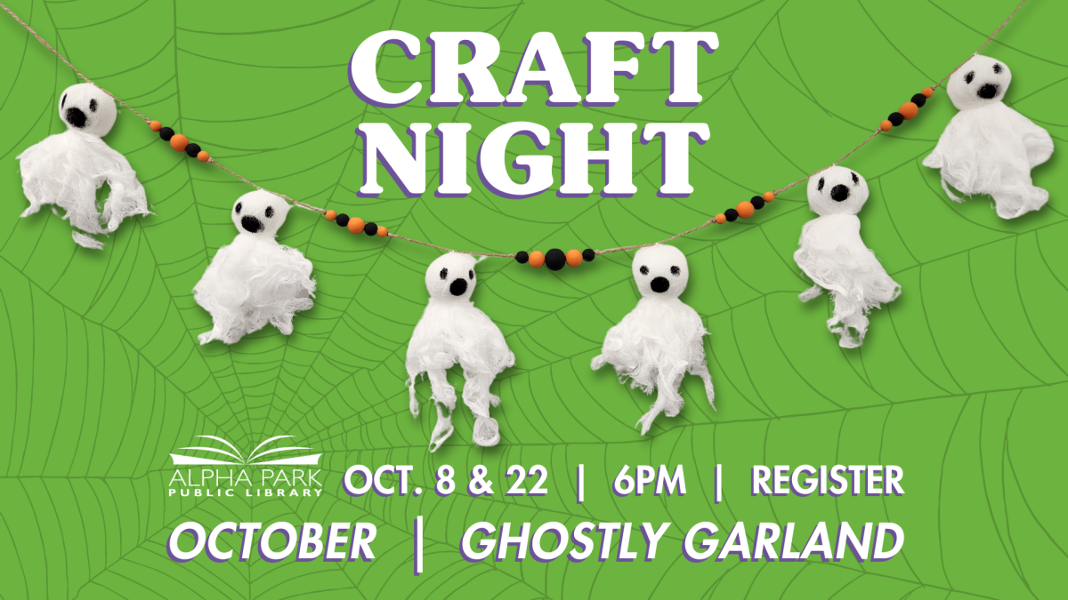 garland of white ghosts with black and orange beads, green background with spiderweb and white text