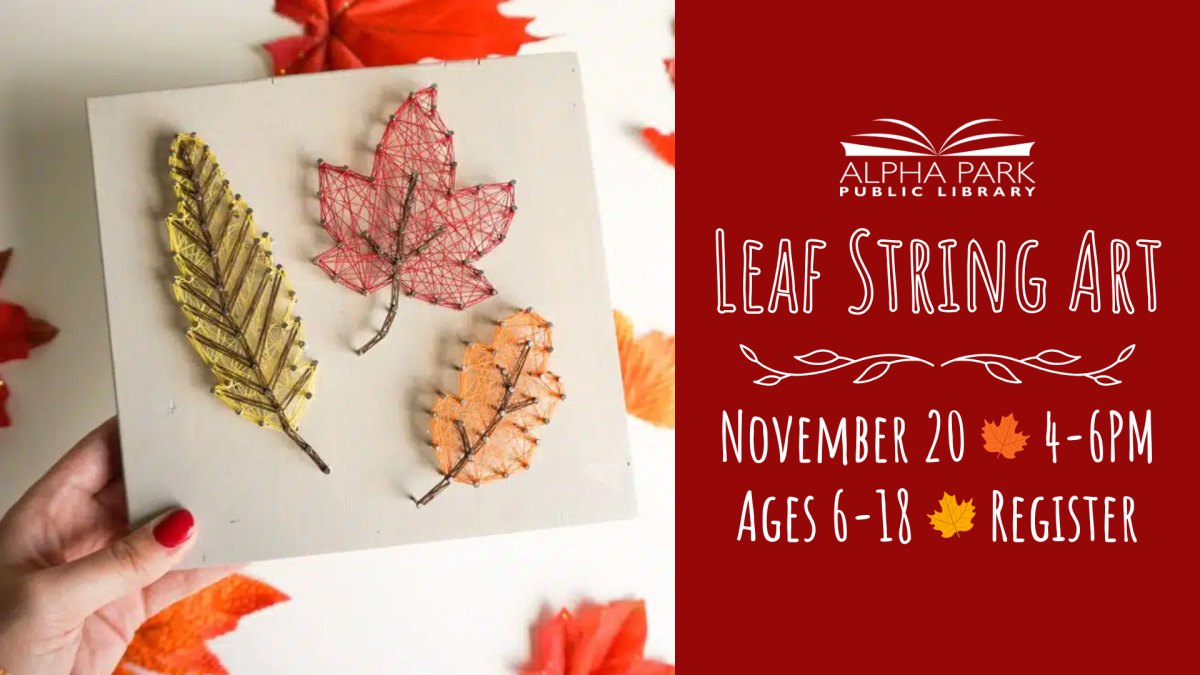 photo of green, red, and orange leaf string art, red box with white text