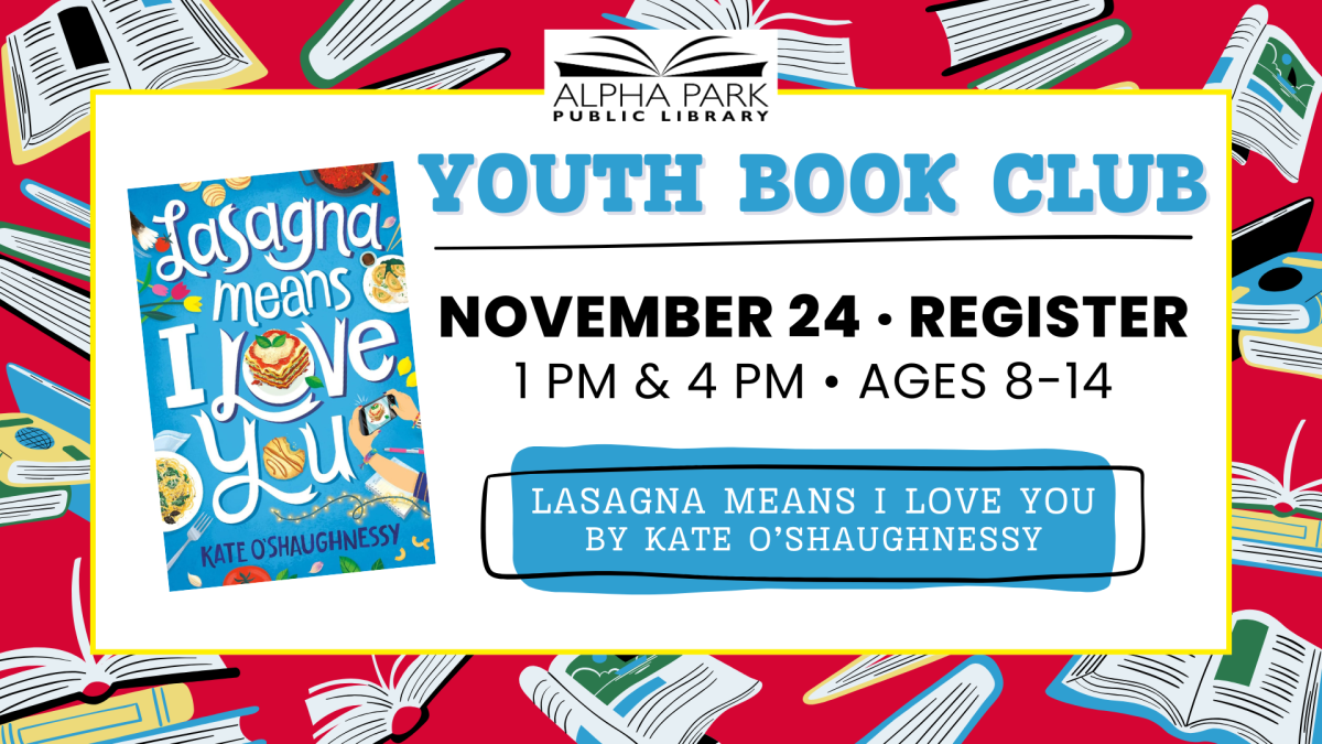 illustrated background of colorful books, white rectangle with black text and book cover