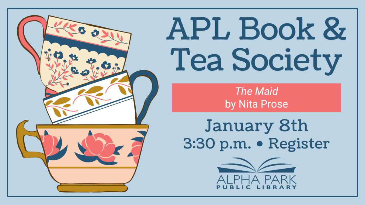 illustration of 3 pink, blue, and gold stacked teacups on light blue background with navy text