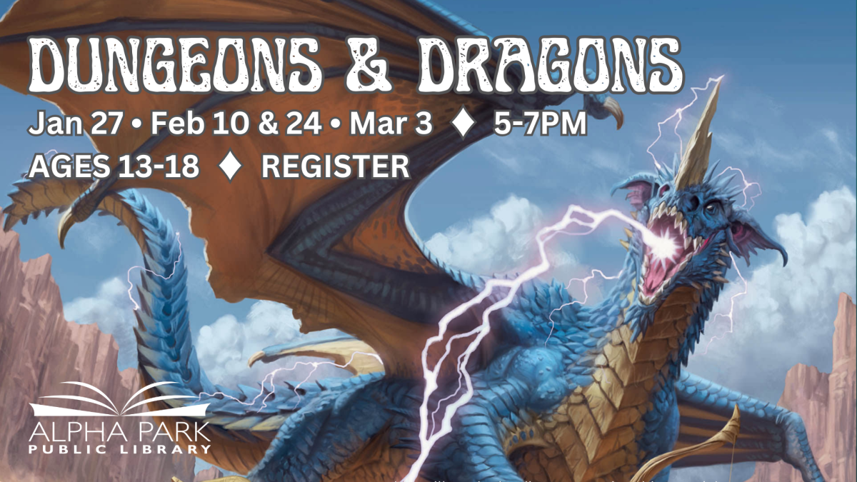 illustration of blue dragon with tan wings shooting pink electricity out of its mouth, white text