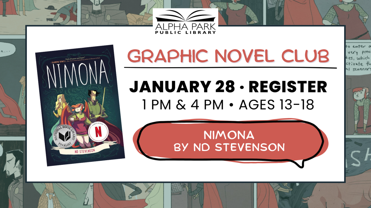 book cover, white rectangle with black text, background of panels from graphic novel