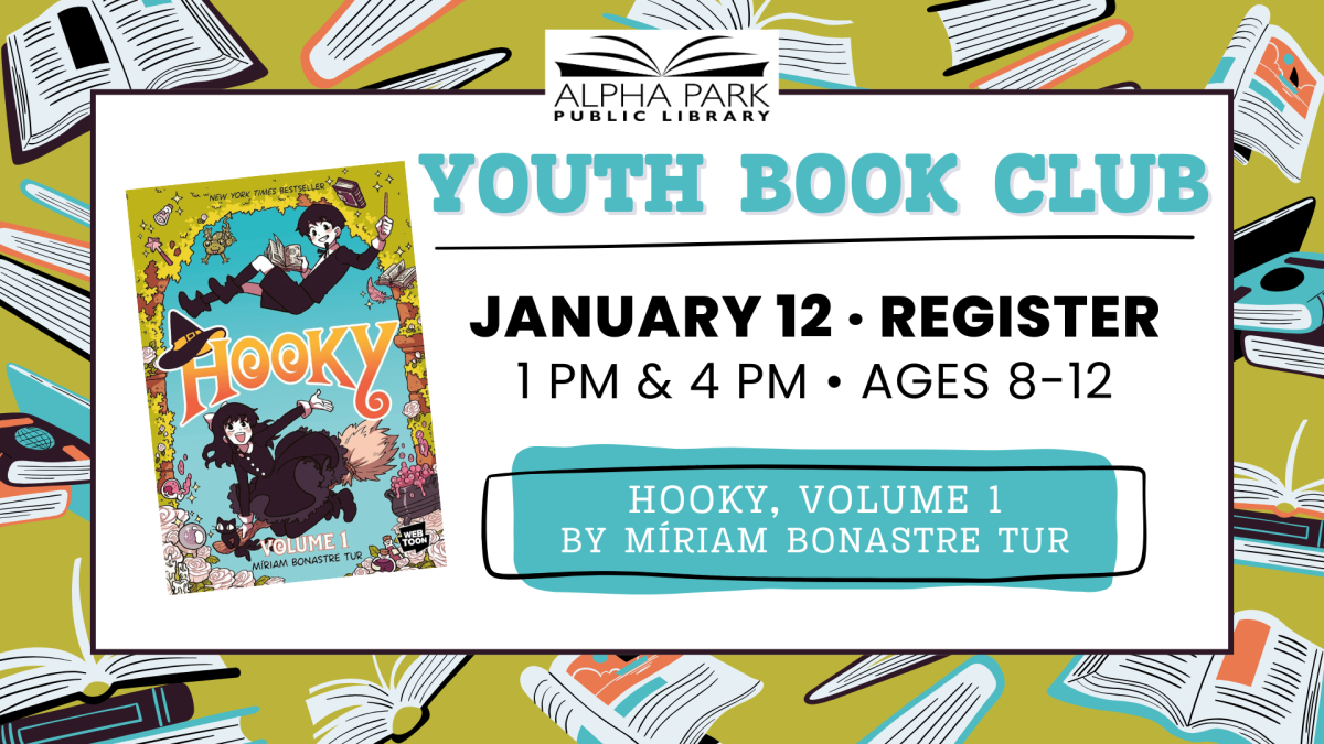 illustrated background of books, white rectangle with gray text and book cover